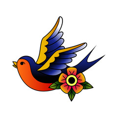 Naklejka premium Tattoo bird. Old school body ink print. Vintage style. Flying swallow and flower. Sparrow flight. American sailing symbol. Animal color drawing. Vector traditional tattooing element