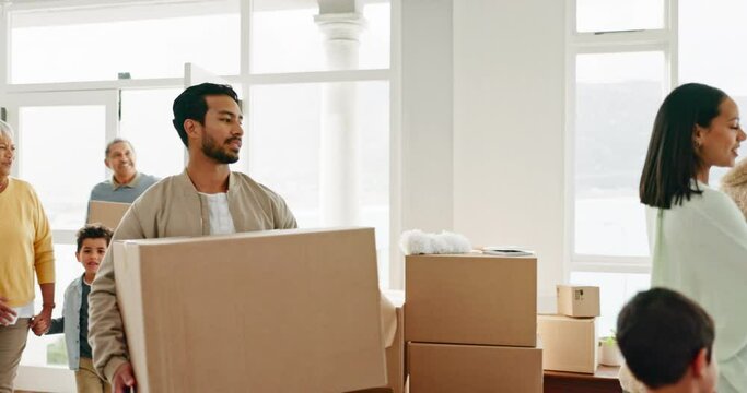 Family, boxes and kids at front door, new home or excited for fresh start, grandparents and real estate. Young mother, father and happy at property, moving and carrying package for beginning in house
