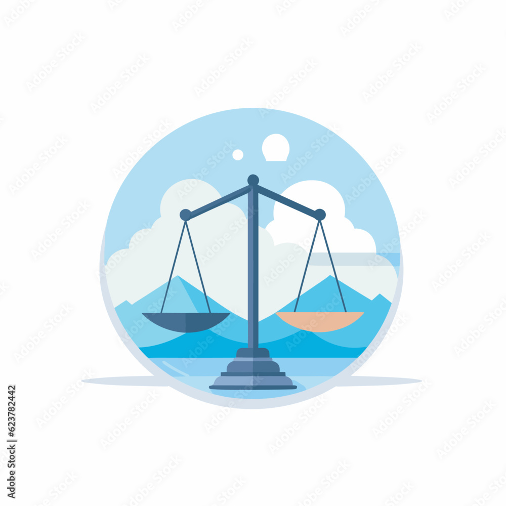 Poster Vector of a flat icon vector of a balance scale with a boat in the background