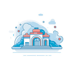 Vector of a flat icon of a white building with a red roof surrounded by clouds
