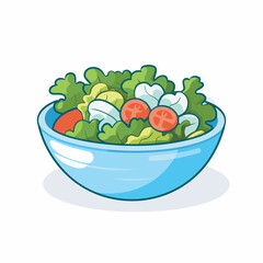 Vector of a flat icon vector of a blue bowl filled with fresh lettuce and tomatoes