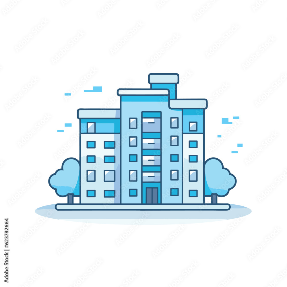 Poster vector of a blue building with trees and a flat icon design