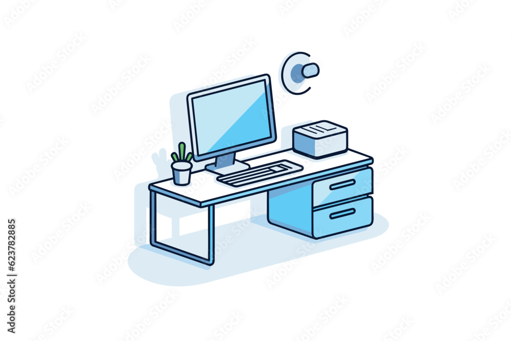 Poster Vector of a desk with computer and printer on it