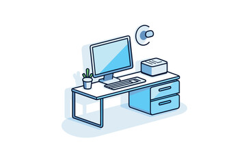 Vector of a desk with computer and printer on it