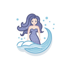 Vector of a beautiful mermaid with flowing hair standing on a wave