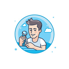 Vector of a man holding a magnifying glass in front of his face