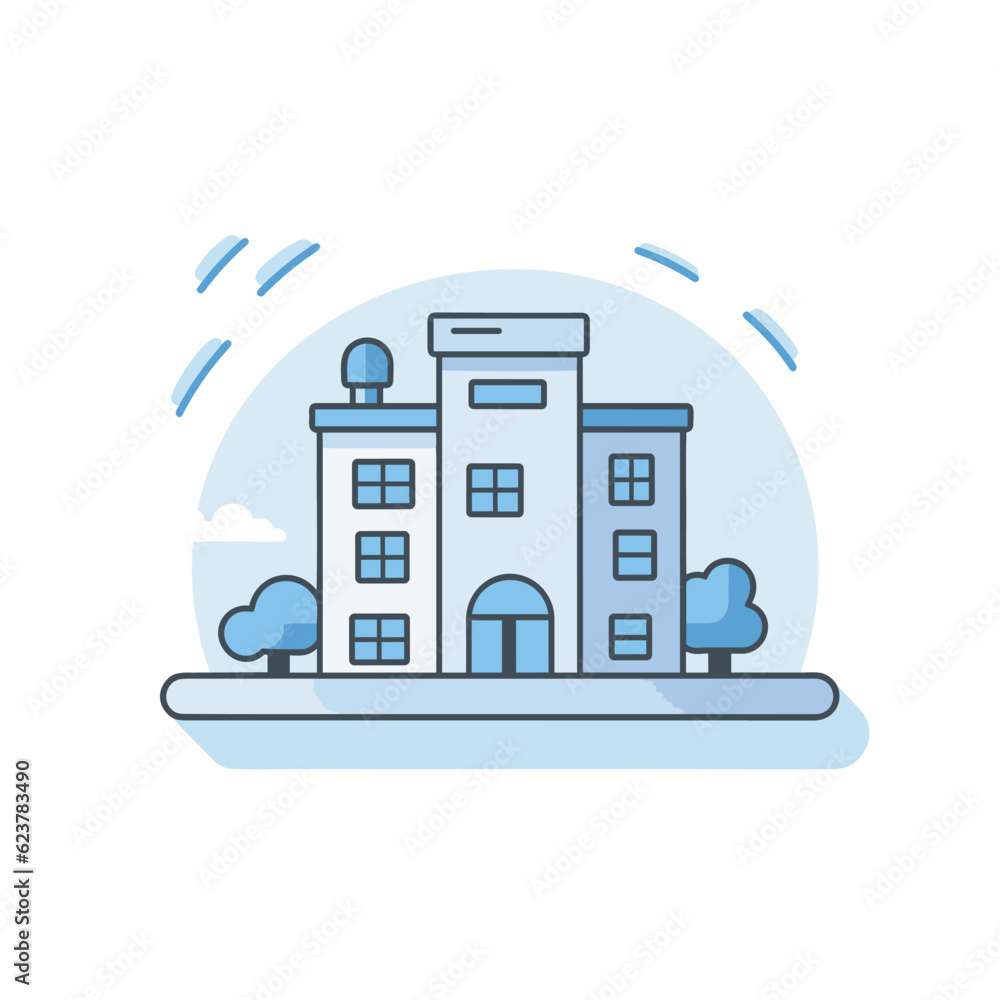 Poster vector of a building with trees and clouds in the background
