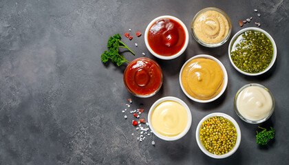 Fototapeta na wymiar Set of sauces in bowls - ketchup, mayonnaise, mustard, soy sauce, bbq sauce, pesto, chimichurri, mustard grains on dark stone background. Top view copy space.