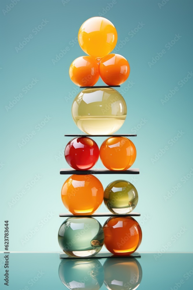 Poster a stack of different colored glass vases on a table. generative ai.