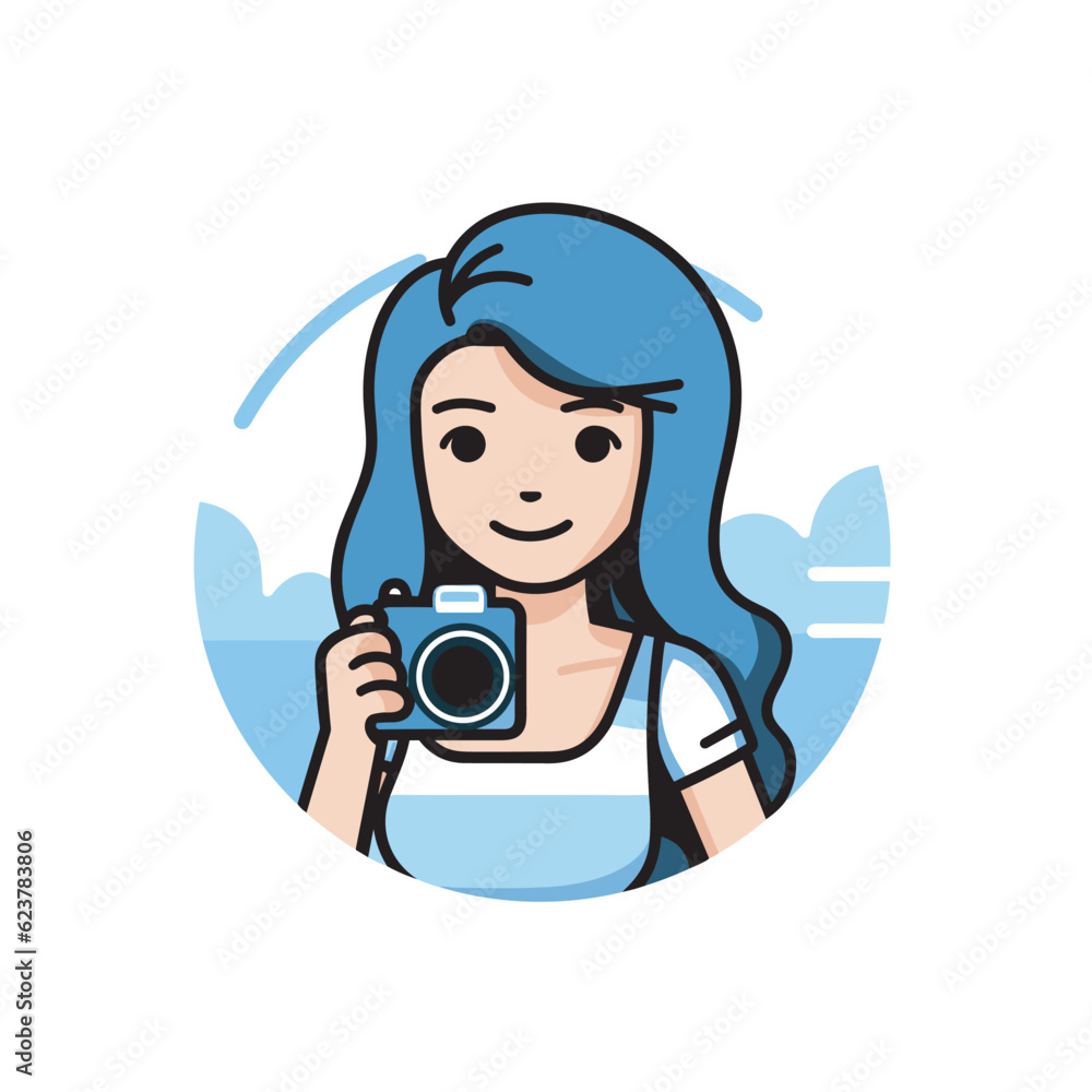 Poster vector of a woman taking a picture with a camera in a minimalistic flat icon style