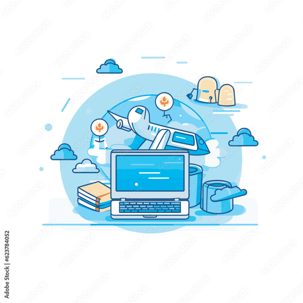 Poster vector of a laptop computer on a table in a flat icon style