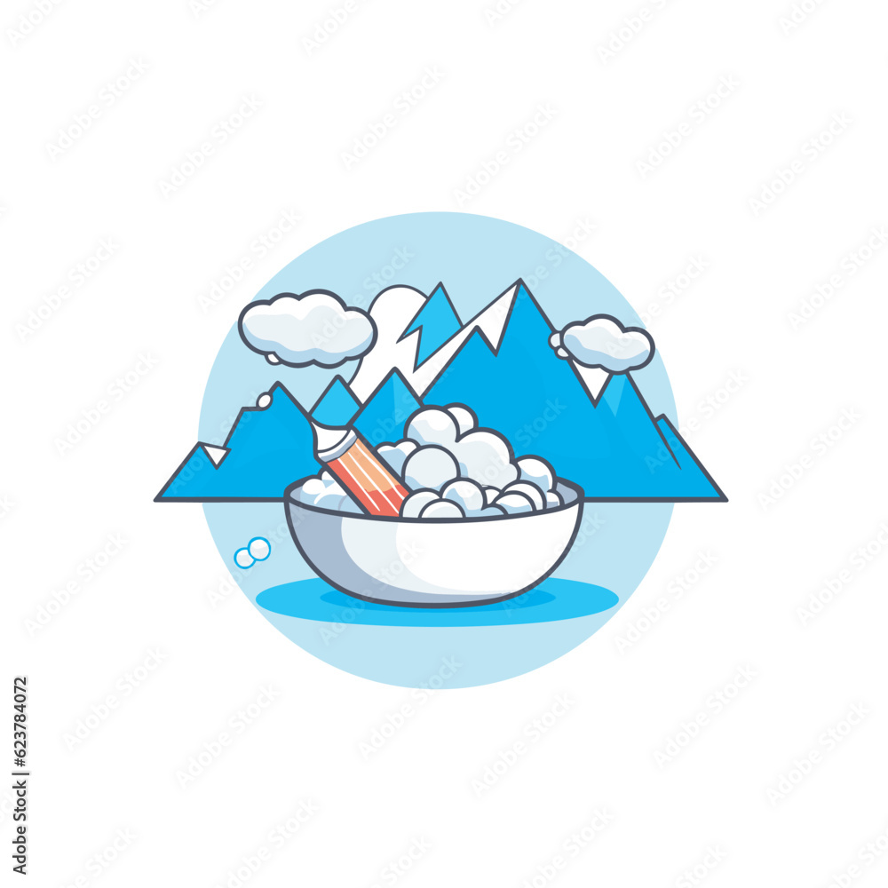 Poster vector of a flat icon vector of a bowl of food with mountains in the background