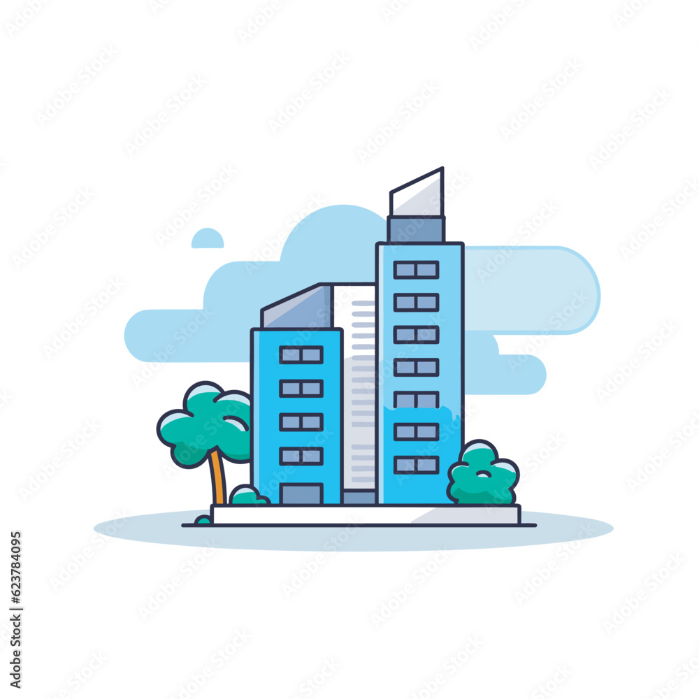 Poster vector of a flat icon vector of a building with trees and clouds in the background