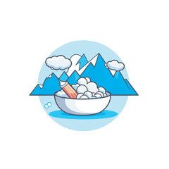 Vector of a flat icon vector of a bowl of food with mountains in the background