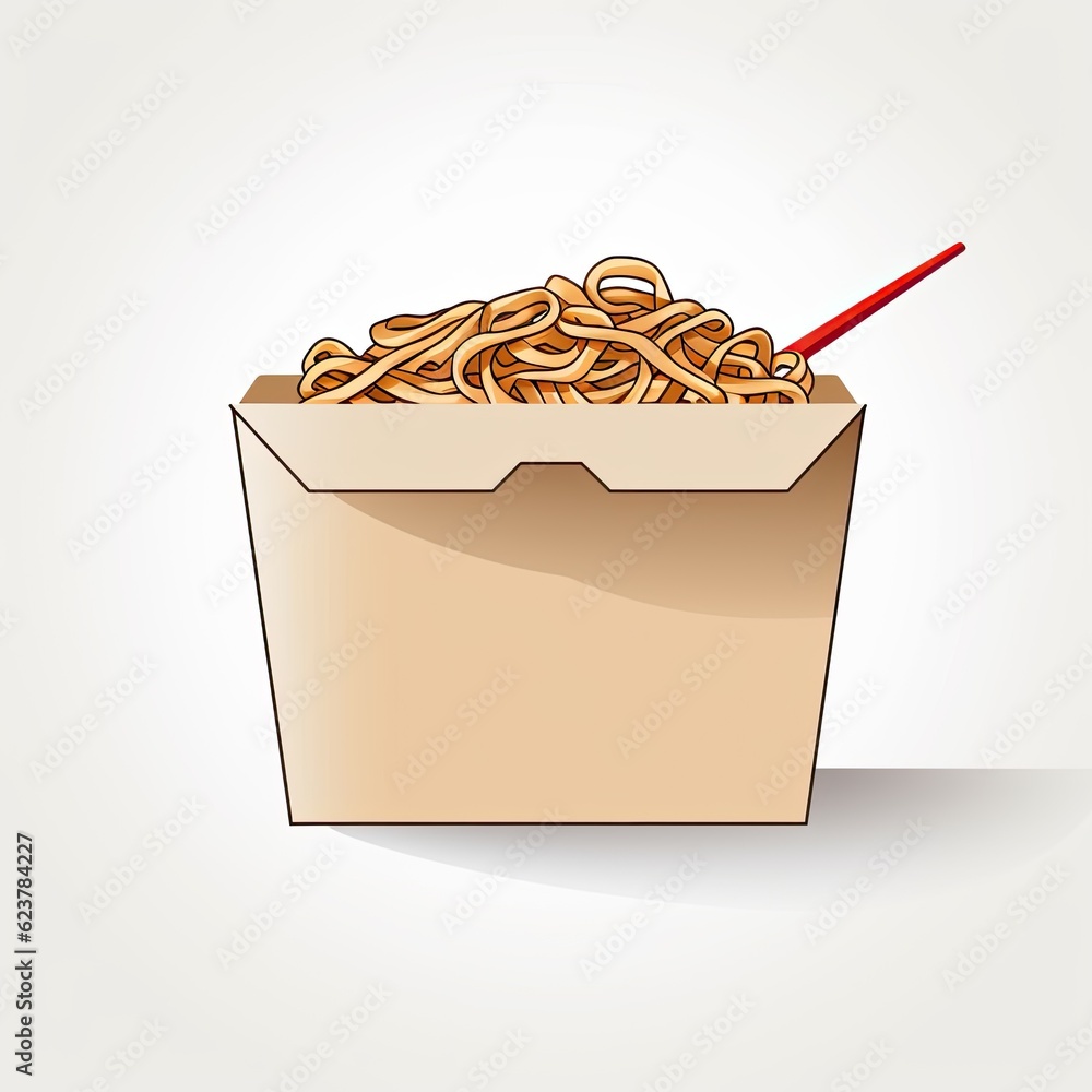 Poster a box of noodles with a red chopstick sticking out of it. generative ai.