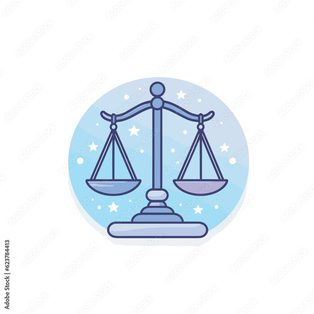 Poster vector of balance scale icon in a flat design with stars in the background