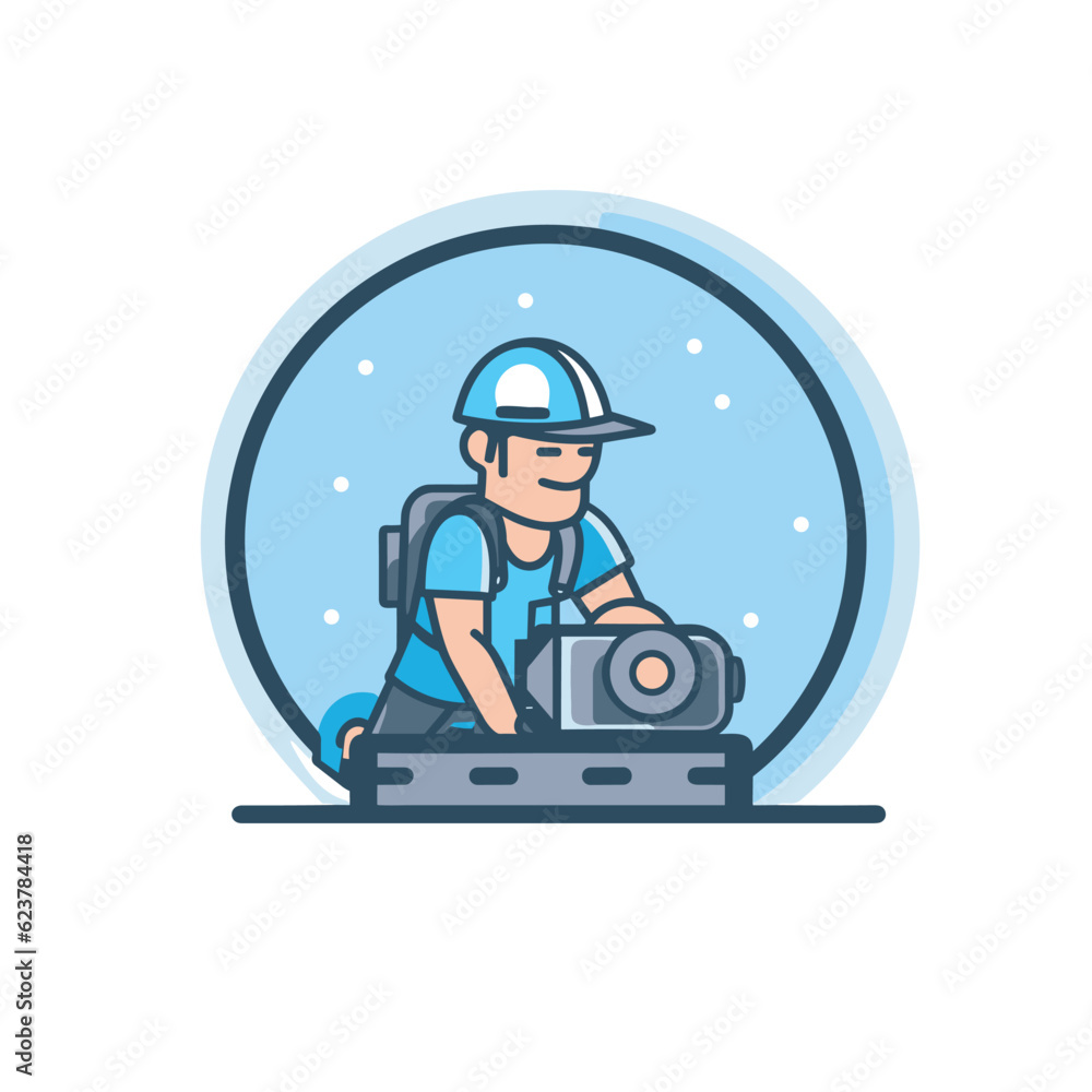 Poster vector of a man in a snow globe with a camera flat icon vecto