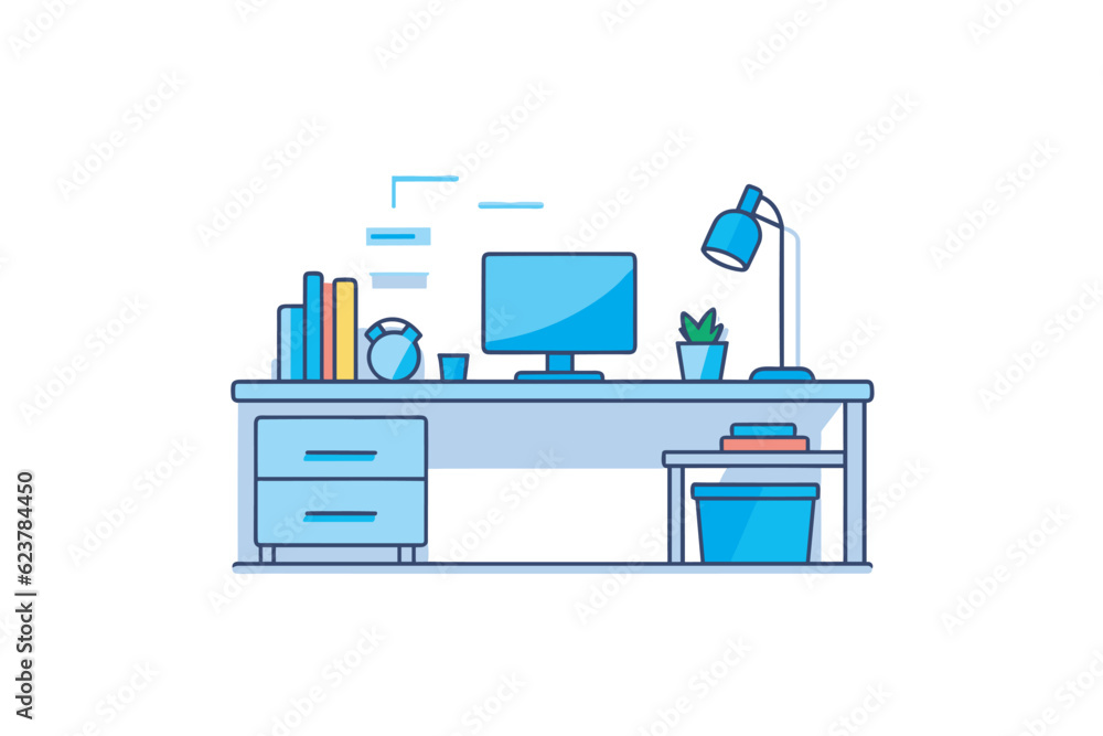 Poster vector of a flat icon vector of a desk with a computer and a lamp