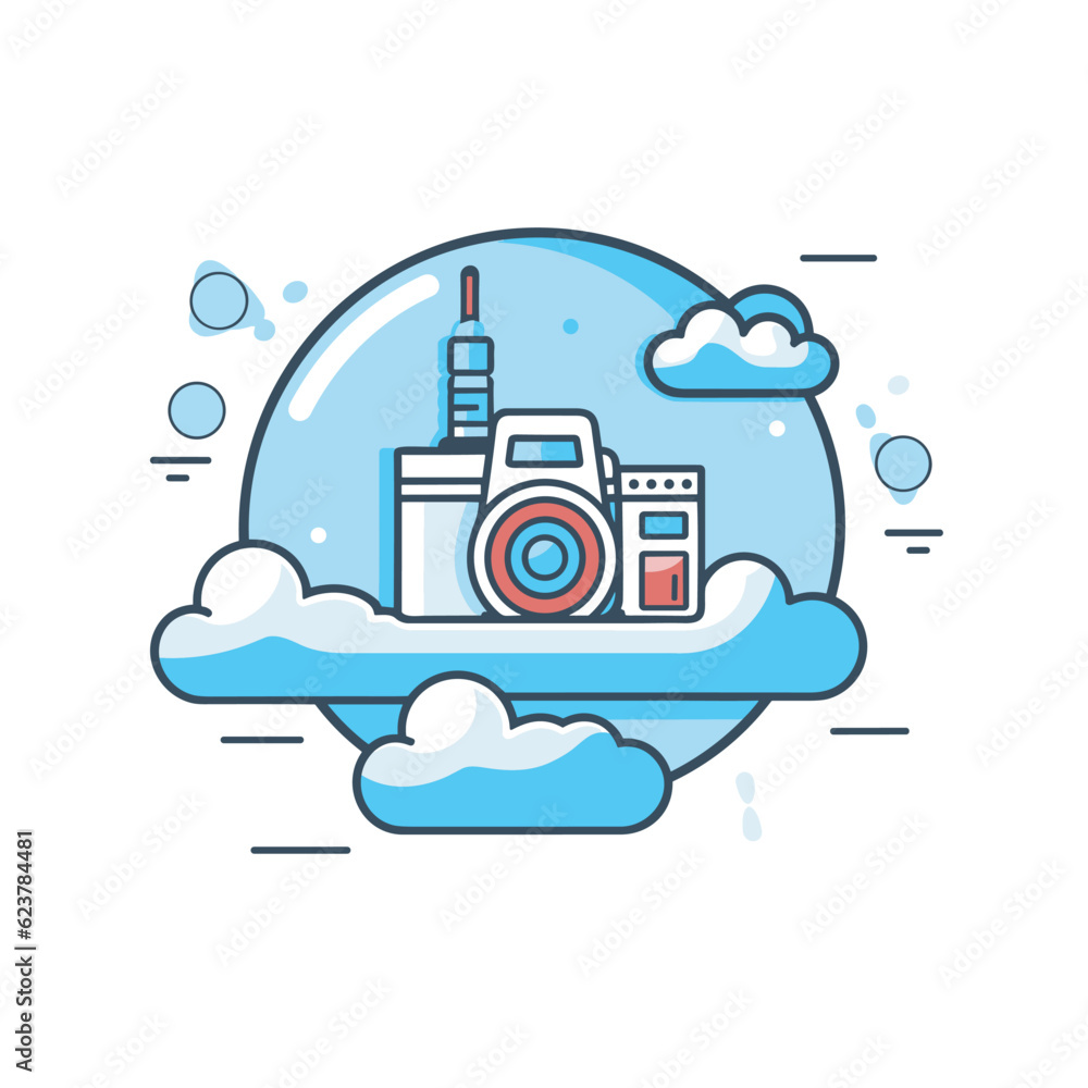 Poster vector of camera icon on a flat vector design with a sky background