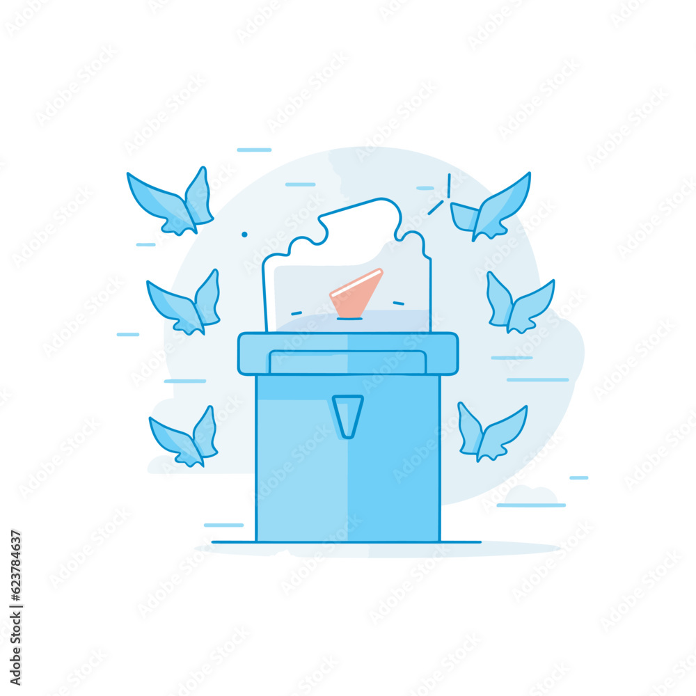 Poster Vector of a flat icon vector of a blue trash can with a paper boat sticking out of it