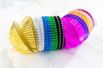 New cupcake liners on the kitchen counter