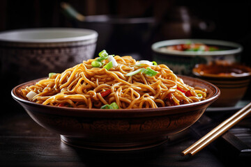 chinese noodles in a deep clay plate with wooden chopsticks served on a wooden table