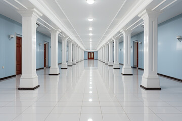 A long hallway with white columns and blue walls. Generative AI.