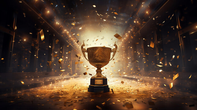 宙を舞う紙吹雪と優勝カップ（Generative AI）
