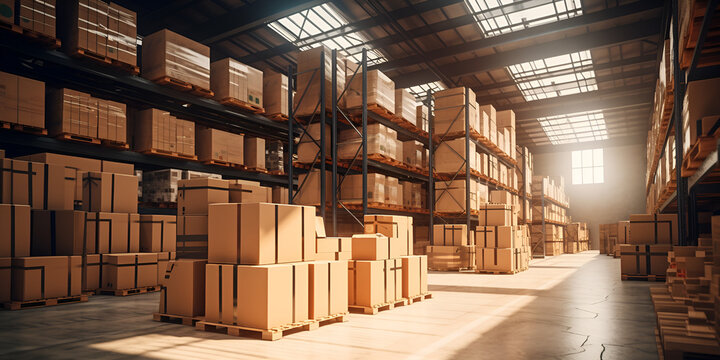 A warehouse with a lot of boxes on the floor The Maze of Boxes: Exploring a Warehouse Filled with Mystery Boxes Galore: Adventures in a Warehouse Wonderland AI Generated  