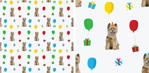 Happy Birthday Pattern with Cairn Terrier in a party hat, seamless texture. Repeatable textile, wrapping paper, white background graphic design.Holiday wallpaper with sitting cute dogs. Pet icon.