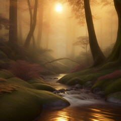 Misty scene of a stream running through a forest.  Generative AI