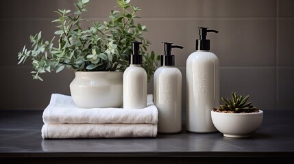 Fototapeta na wymiar Ceramic soap shampoo bottles and white cotton towels on bathroom wall background. Spa concept. AI generated