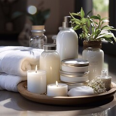 Obraz na płótnie Canvas Ceramic soap shampoo bottles and white cotton towels on bathroom background. Spa concept. AI generated