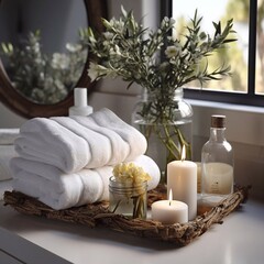 Fototapeta na wymiar Ceramic soap shampoo bottles and white cotton towels on bathroom background. Spa concept. AI generated