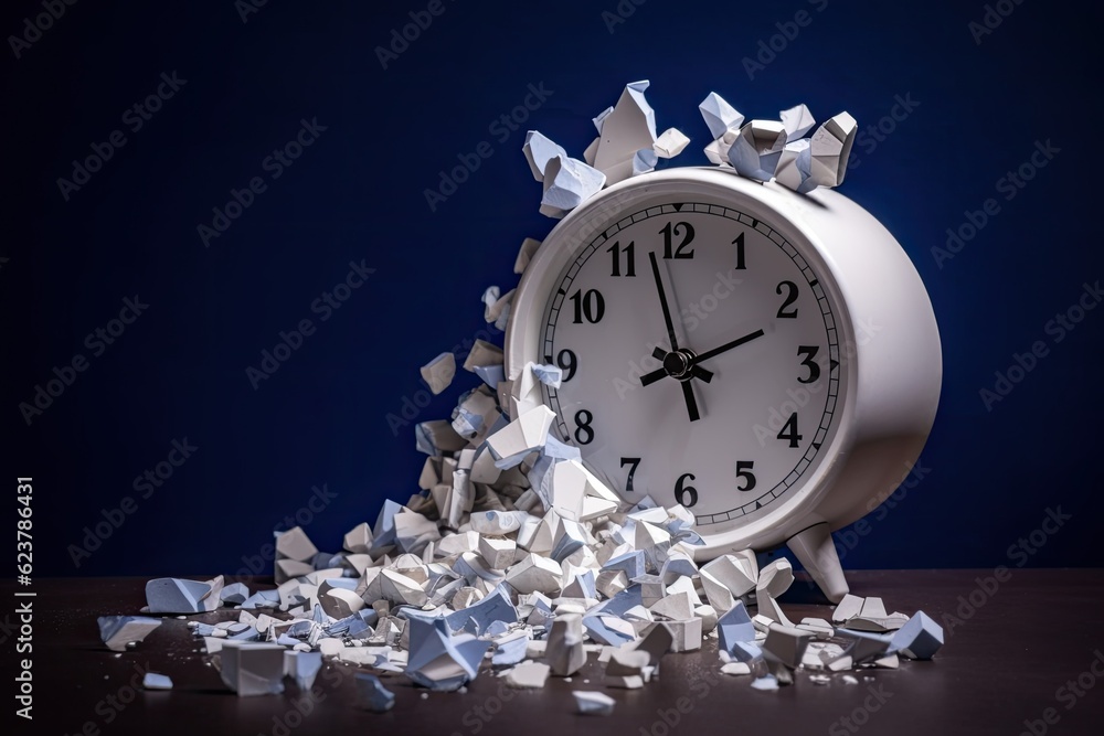 Aufkleber a white clock sitting on top of a table next to a pile of paper. generative ai.