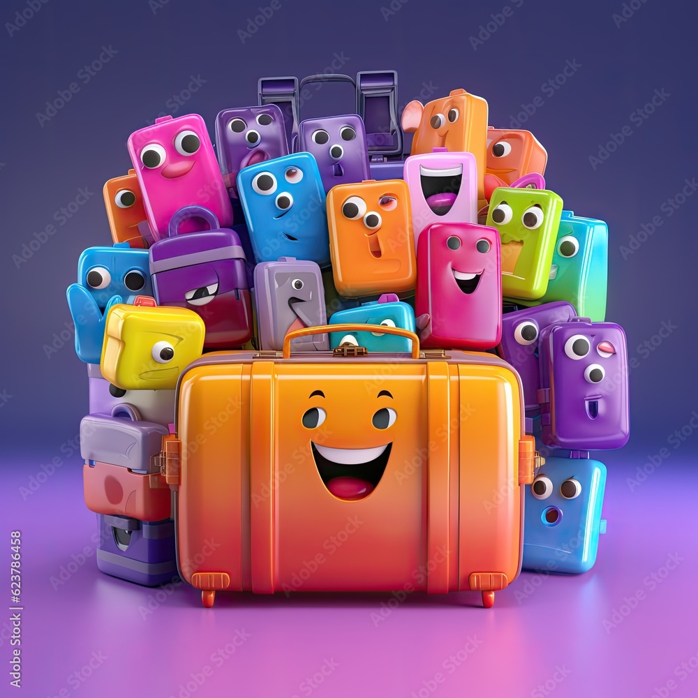 Poster a group of colorful suitcases with faces on them. generative ai.