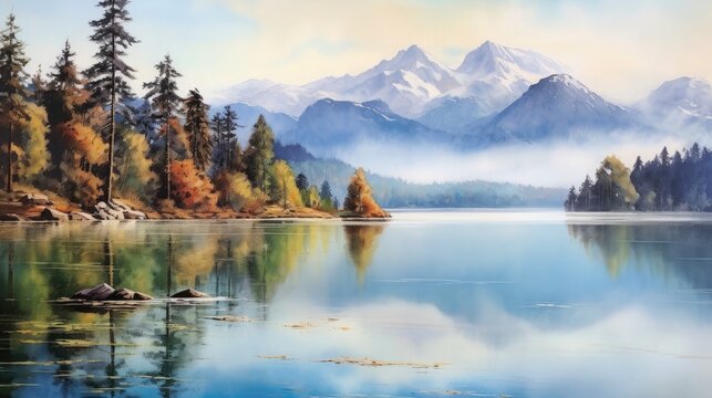Watercolor illustration of a serene and picturesque mountain lake.