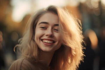 Fototapeta premium beautiful young adult woman standing outside with natural light, sun light smiling, copy space