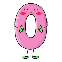 Illustration of number zero in Kawaii style with closed eyes, design for t-shirt, clipart