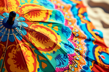 Beach umbrella, showcasing its intricate patterns, close up.