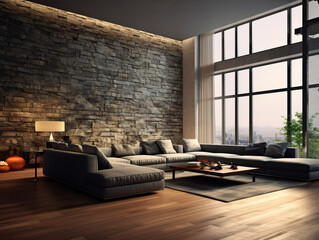 A modern luxury spacious living room with large glass wall, couch, and home furnitures, AI Generation