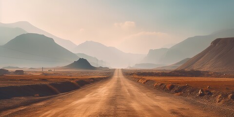 Fototapeta premium AI Generated. AI Generative. Sand desert hot dirty road path. Outdoor arizona western nature landscape background. Road trip travel adventure explore vibe. Graphic Art