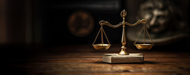 A golden scale on a wooden base is illuminated by a spotlight. Concept banners with copy space for justice, lawyers and court. - obrazy, fototapety, plakaty