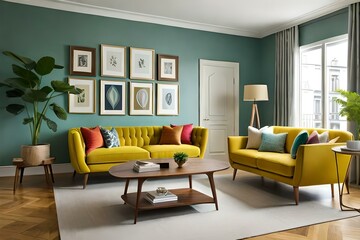 A striking green wall serves as the backdrop, exuding a sense of freshness and vitality. A retro yellow sofa takes center stage, inviting you to sink into its plush cushions. AI-Generated