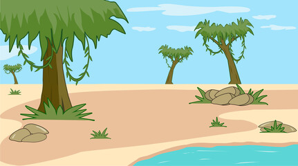 cartoon landscape beach with  trees savana africa 