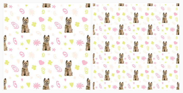 Summer pattern with spirals, leaf, flowers and Cairn Terrier. Pastel colors. Elegant, soft seamless background, abstract summer pattern with hand-drawn colorful shapes. Delicate, gender-neutral.
