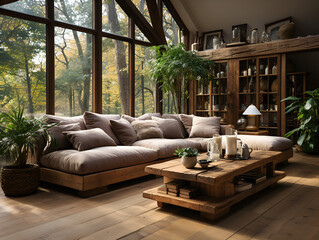 wooden interior of a country house spacious living room, AI Generation