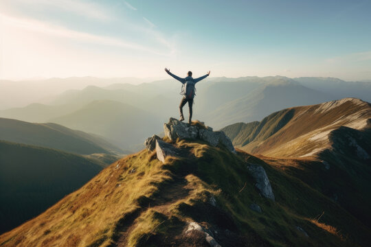 Young man standing on top of hill with hands up with blue backpack. Young guy raising hands up in nature, created with Generative AI