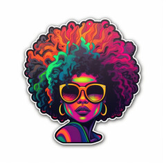 Beauty Girl in Sunglasses with curly hair. Young Afro American Woman Face, Colorful neon sticker in African American triadic colors. Generative ai illustration in cartoon style