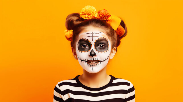 Awesome makeup for the day of the dead of a young girl on an orange background